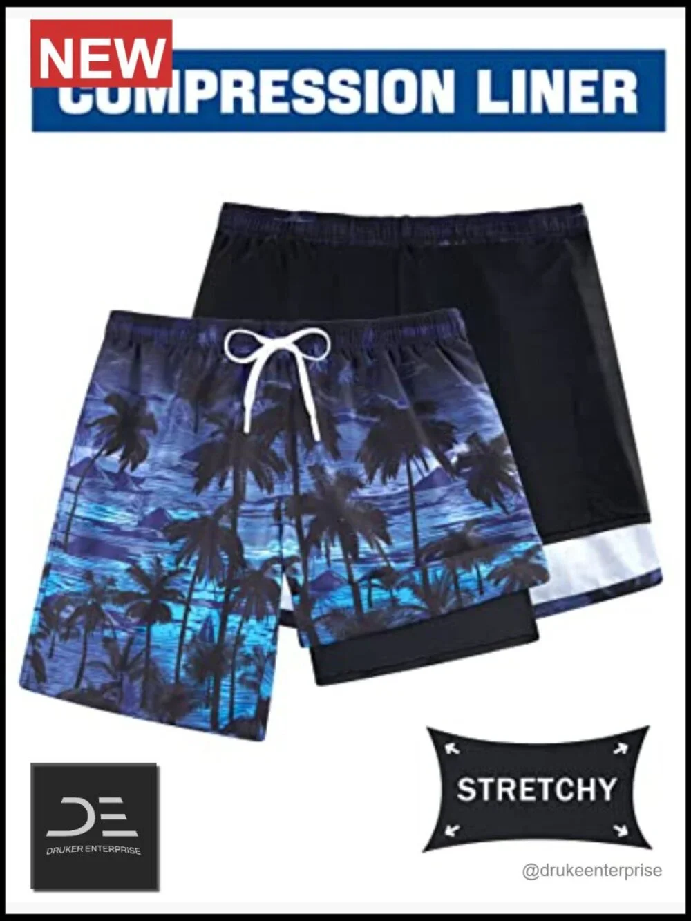 Mens Swim Trunks with Compression Liner 2 in 1 Board Shorts Quick Dry with